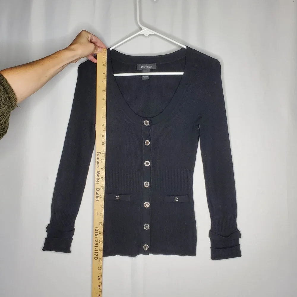 White House Black Market Cardigan Women Small Black‎ Rib Knit Button Y2K Preppy